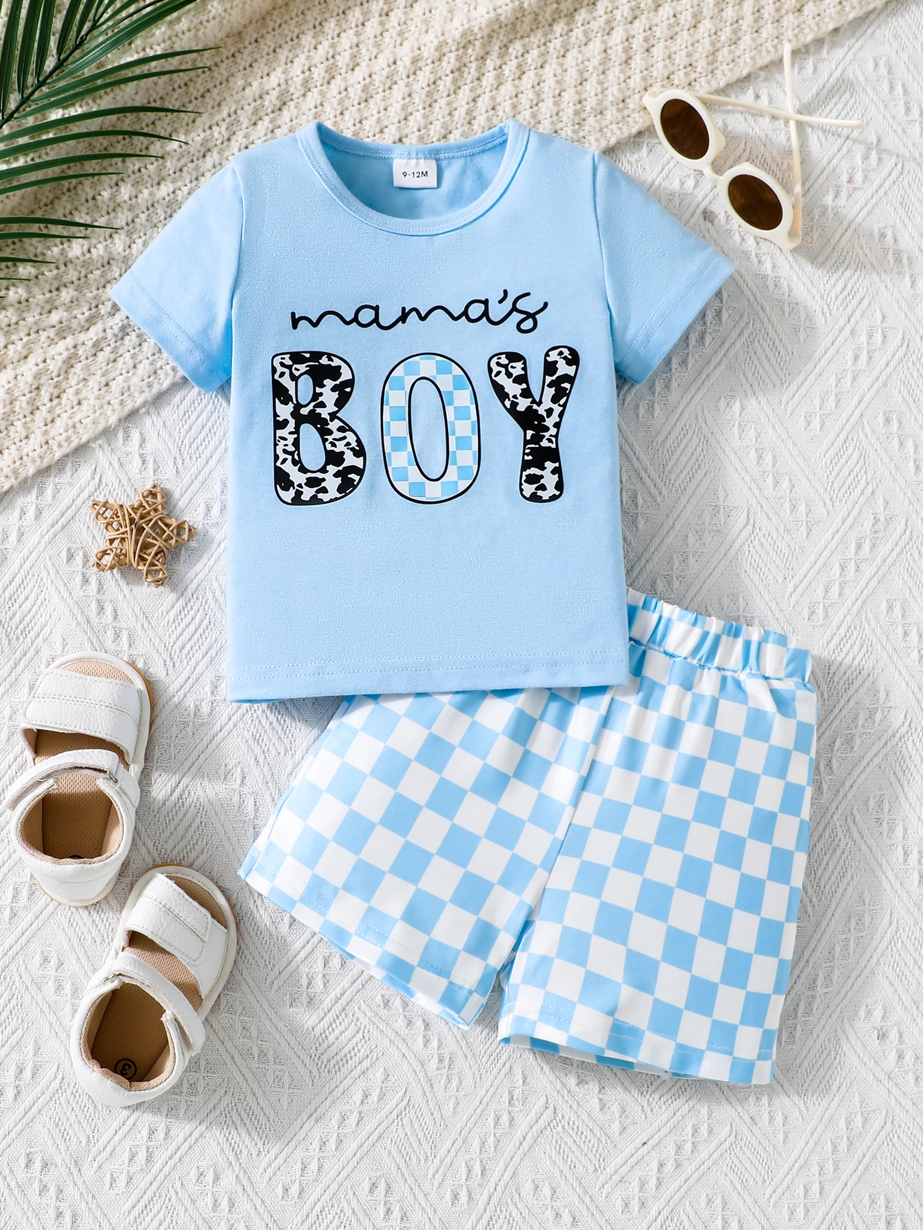 

Летний повседневный комплект из двух предметов в клетку с короткими рукавами и принтом для маленьких мальчиков, одежда для младенцев, наряд