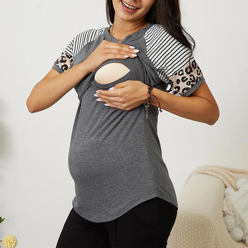 Women Maternity Breastfeeding Tee Nursing Tops Leopard Print Panel Short Sleeve T-shirt Plus Size S-2XL Maternity Clothing Tees