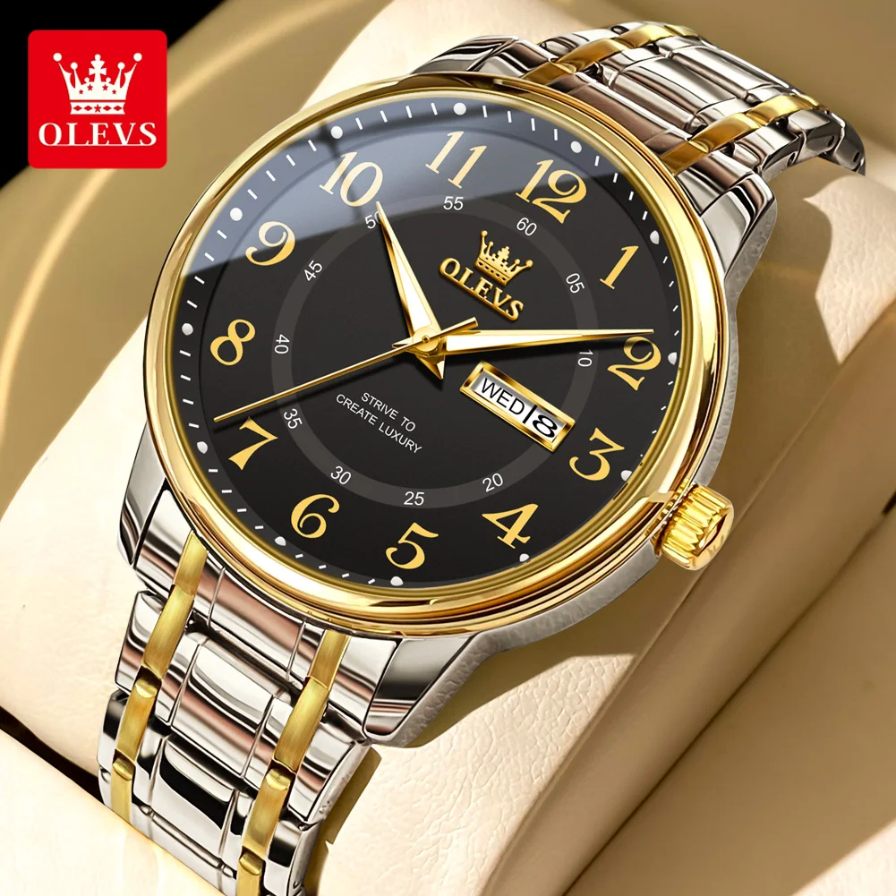 OLEVS 2891 Men's Watches Dual Calendar Luminous Stainless Steel Luxury Brand Original Quartz Watch for Men NEW