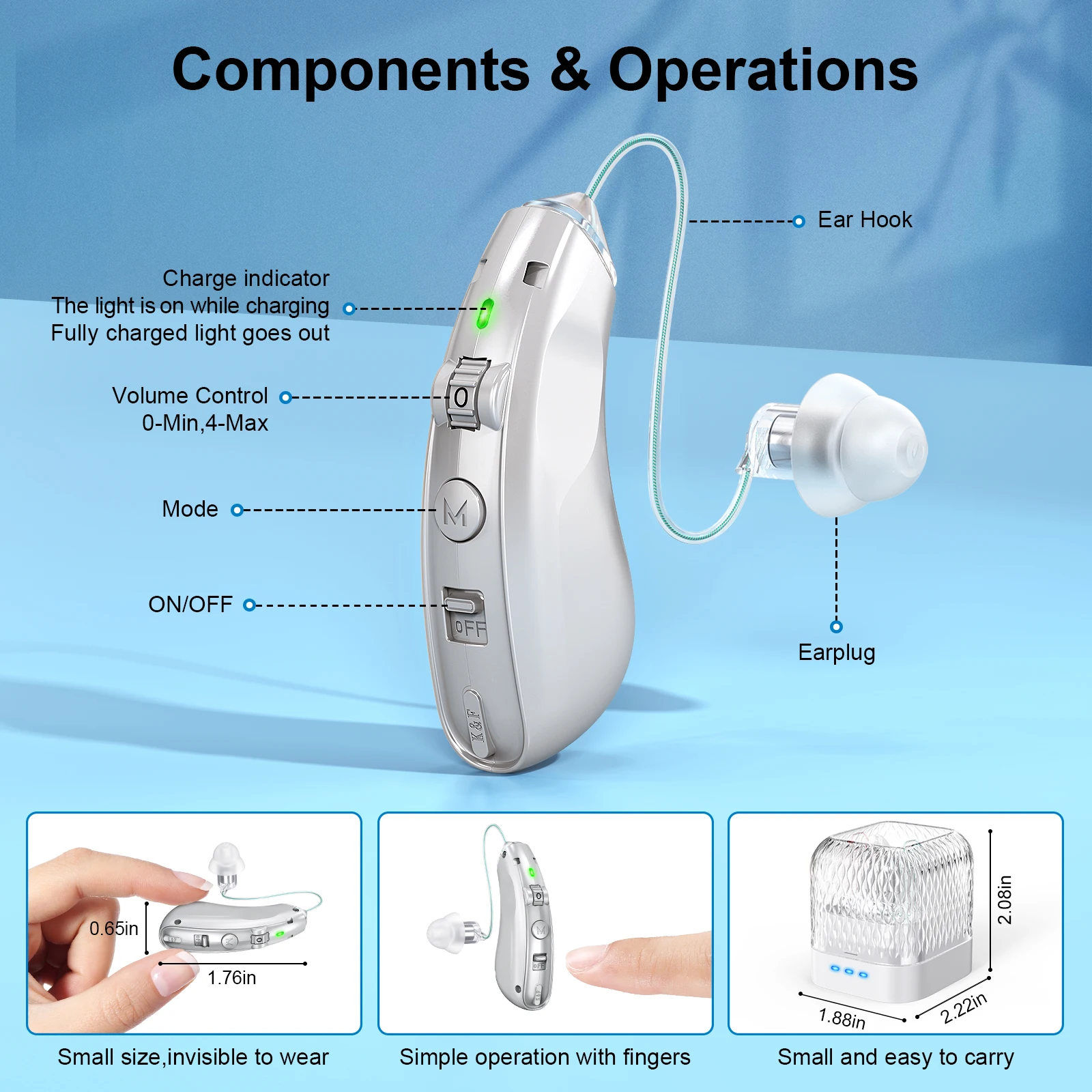 Rechargeable behind-the-ear hearing aid for the elderly, noise-cancelling amplified hearing aid with charging case