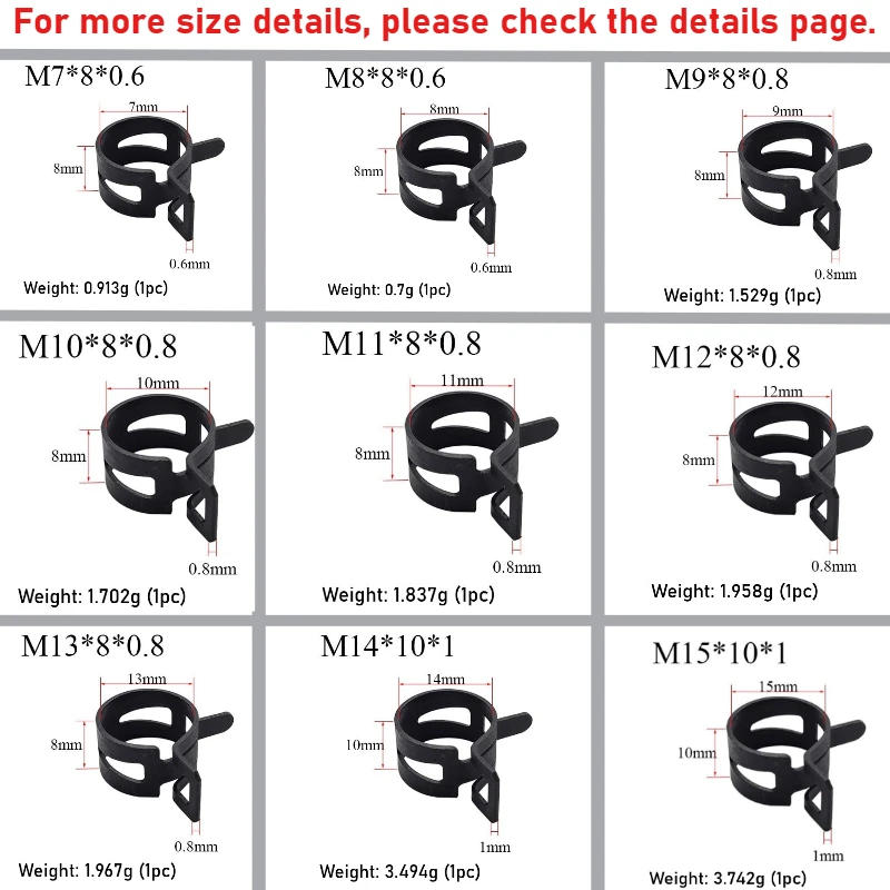 Abrazadera de banda de 100 piezas negra # 65 Acero al manganeso 7mm-34mm diámetro interior manguera resorte tipo banda acción combustible línea tubo Clip abrazadera