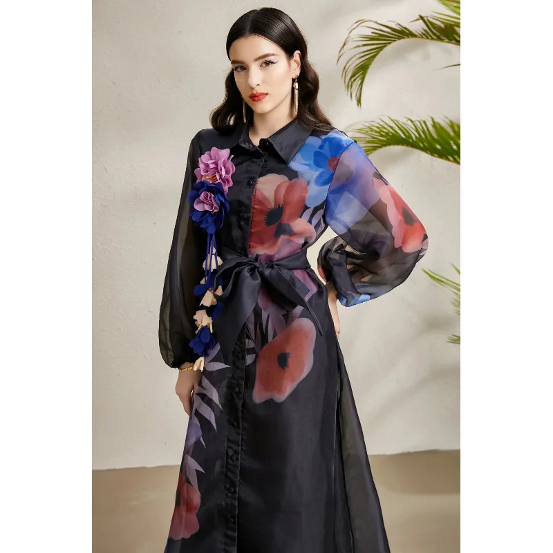 KAROLINA2025 Début de l'automne imprimé floral Long Dr col montant lanterne Sve Holiday Street Sle taille mi haute Thiened W...