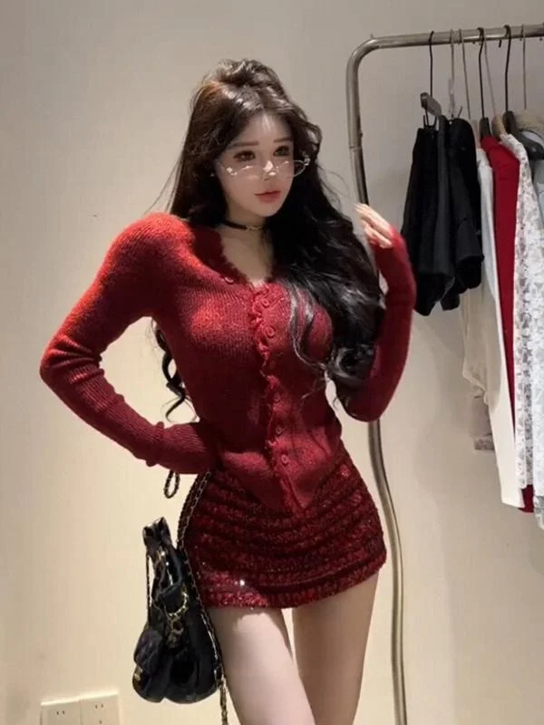

Sexy V-Neck Knitted Cardigan Women's Slim Fit Long Sleeve Sweater Red New Year Design Spring Outerwear Fashion Korean Style