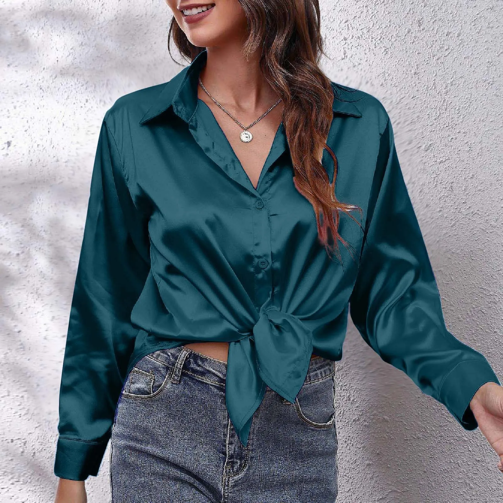 

Women's Satin Chic Shirt Classic Turn-down Collar Long Sleeved Vintage Blouse Solid Color Loose Casual Daily Tops