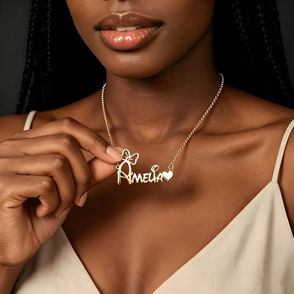Custom Script Name Necklace Bow Heart Accent Personalized Name Pendant 18K Gold Plated Dainty Chain for Women Minimalist Daily