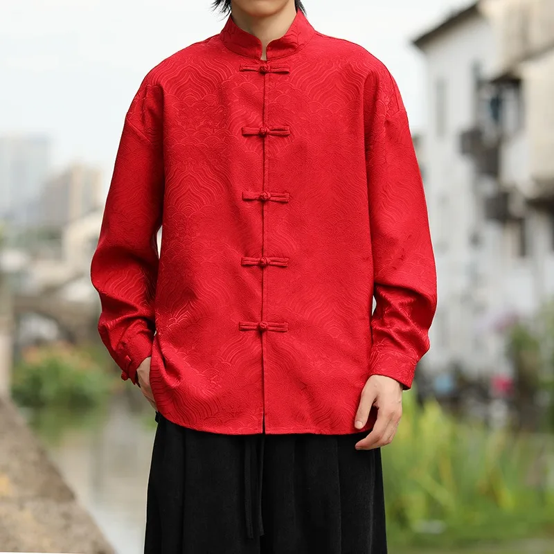 

Men's Traditional Chinese Tang Suit Shirt Wave Pattern Jacquard Manin Collar Frog Button Long Sleeve Blouse for Festive Wear