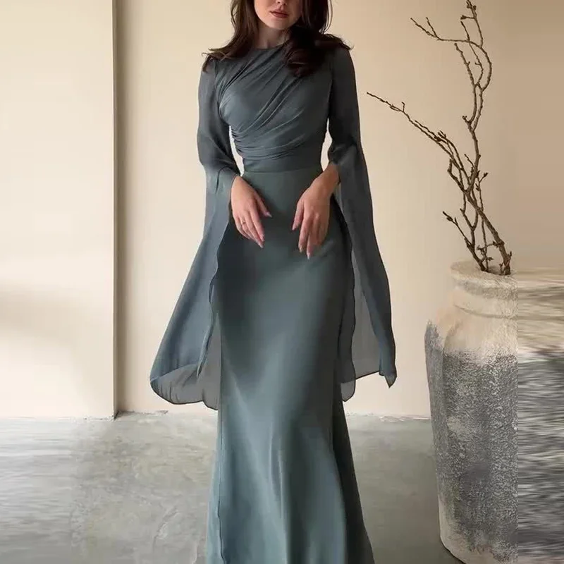 Satin Solid Robe Dress Ladies Temperament O-neck Slim Evening Dress Elegant Batwing Sleeves High Waist Pleats Long Dress