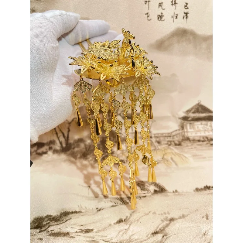 

Позолоченная филигранная шпилька с резьбой по дереву Феникс, висячая заколка с кисточкой, уникальный свадебный аксессуар для волос Hanfu, традиционный подарок
