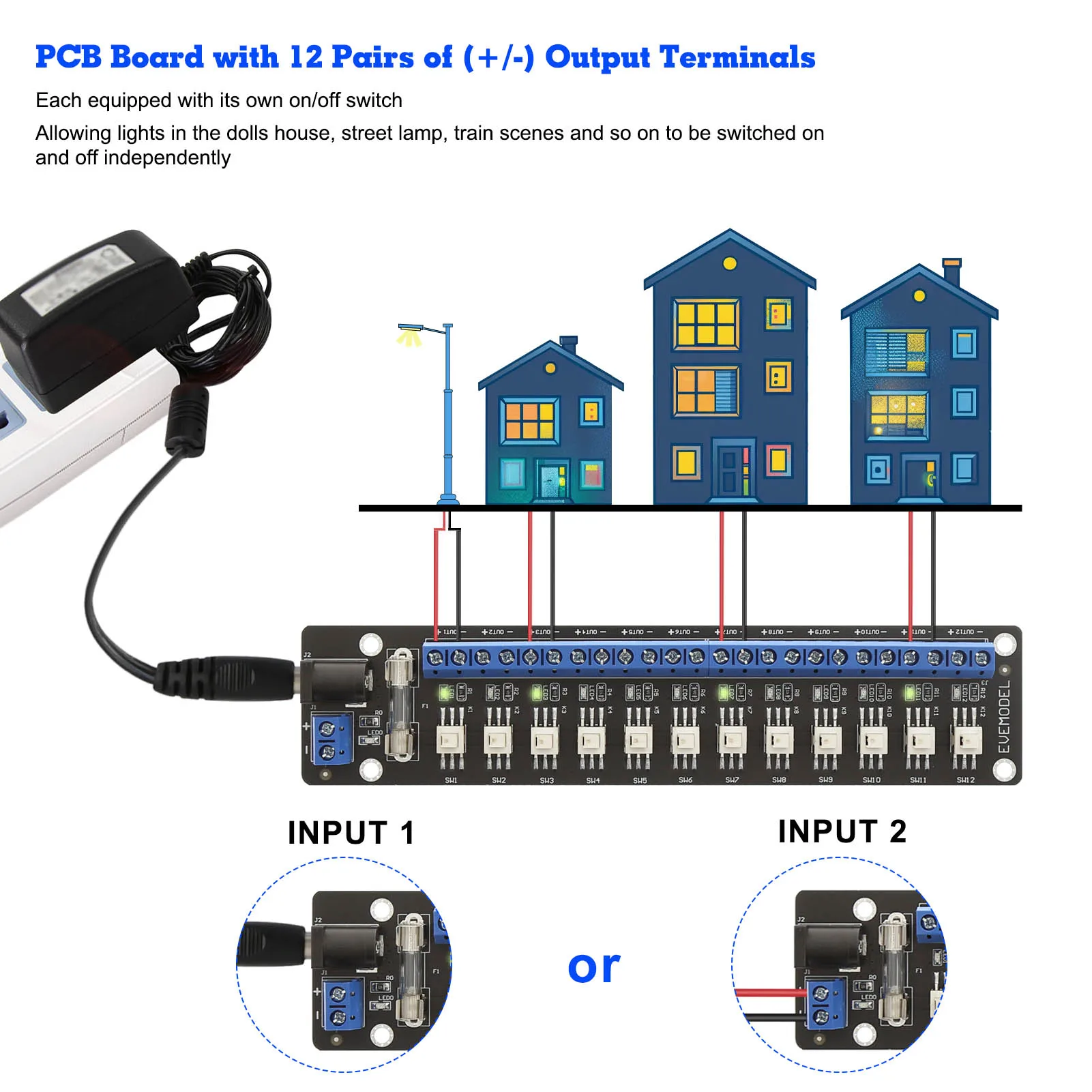 موصل وحدة توزيع الطاقة Evemodel-DC ، 12 قناة مع مفاتيح فردية ، 3V-24V ، PCB017