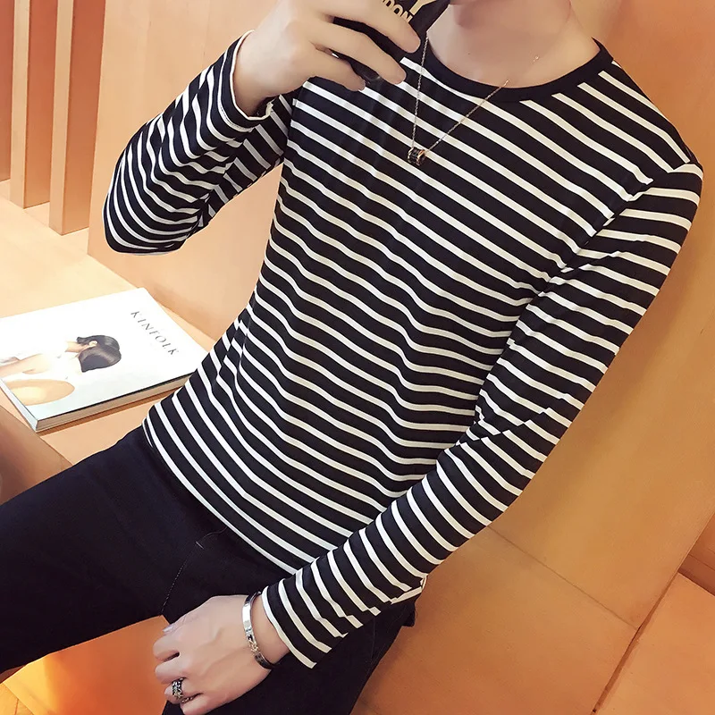 

Striped T-shirt Men Long Sleeve Shirt Trendy Black White Striped Tops for Men Harajuku Casual Base Shirt Invisible Undershirt