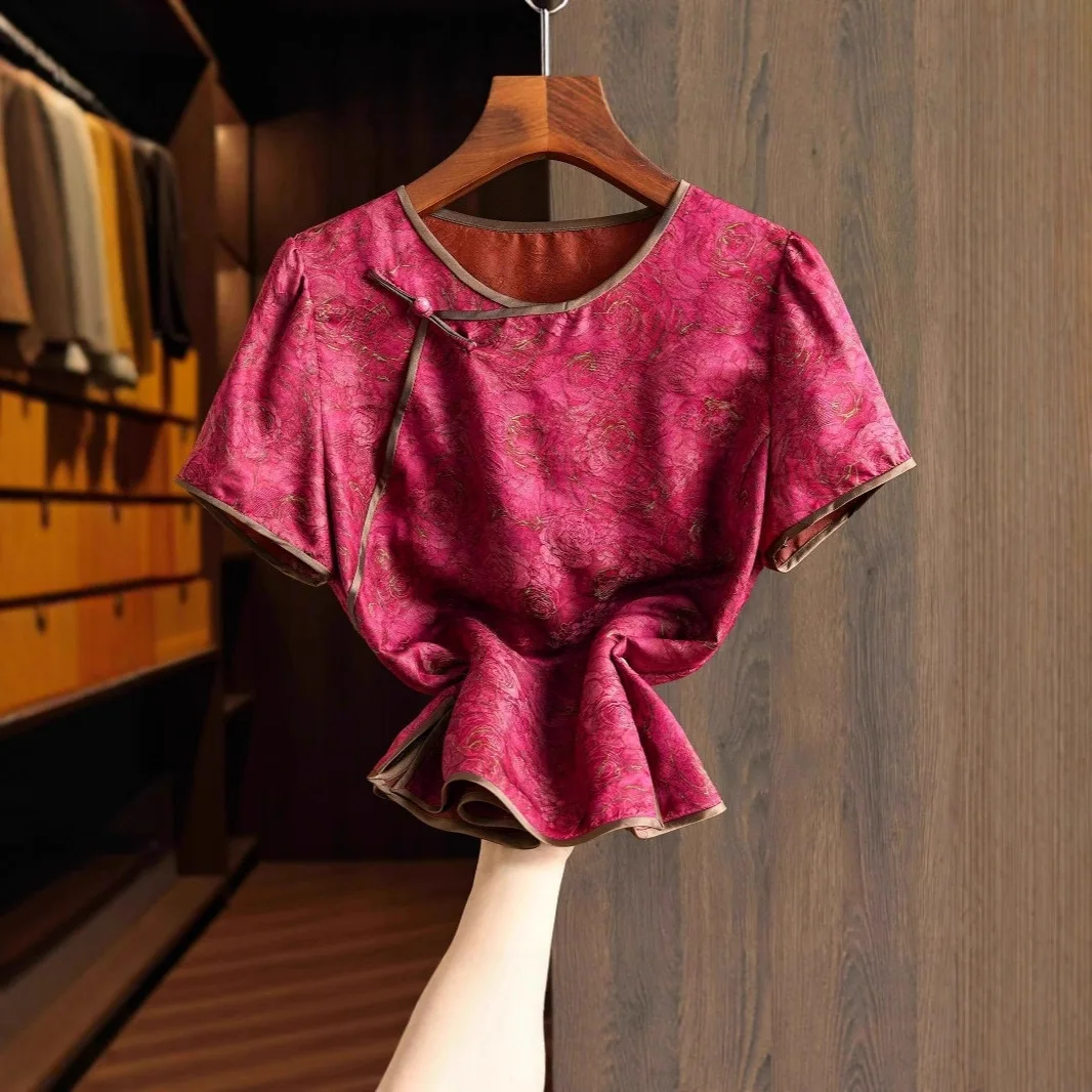 Women's New Chinese Style Jacquard Blouse Frog Button Short Sleeve Satin Elegant Casual Top