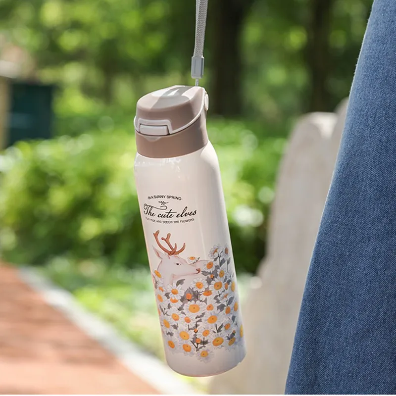 480ml Fashion Stainless Steel 304 Vacuum Flask With Straw Leak-Proof Thermal Water Bottle With Rope