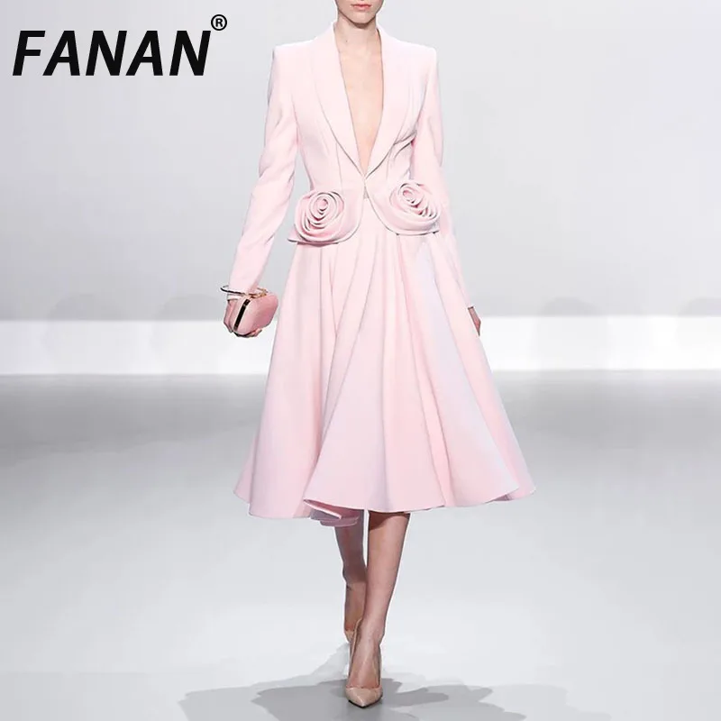 FANAN Elegant Two Piece Set For Women Lapel Long Sleeve Spliced Appliques Top High Waist A Line Skirt Solid Sets Female 2025 New