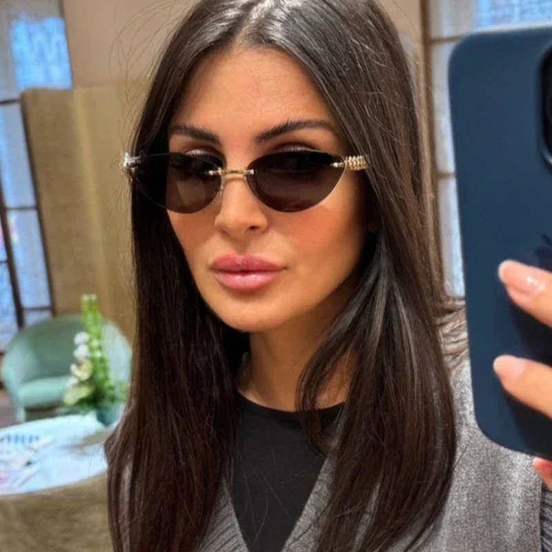 New Cat Eye Rivet Rimless Sunglasses Women Luxury Fashion Brand Oval Narrow Sun Glasses Shades Trendy Elegant Unique Eyewear view 3