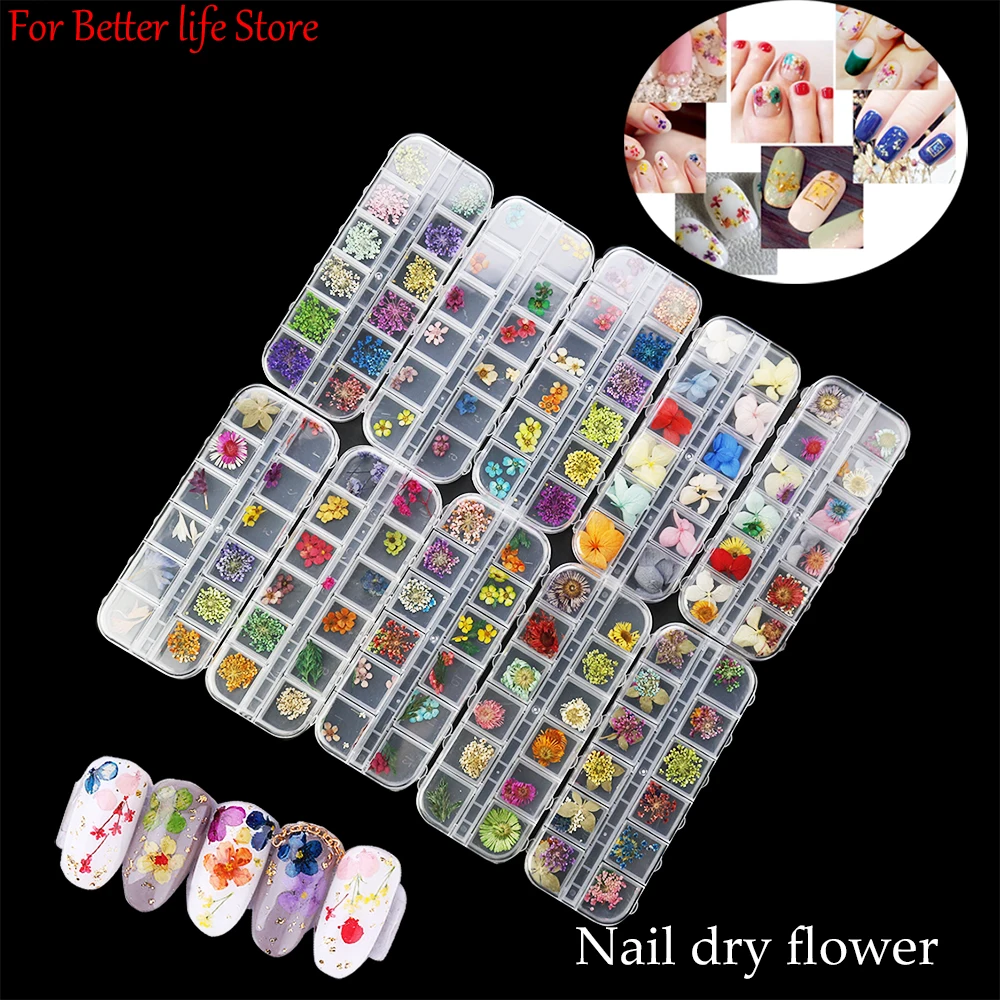 12 Grids 3D Dried Flowers Nail Art Decoration Real Natural Floral Sticker Designs Dry Flower Decals DIY Manicure Accessories