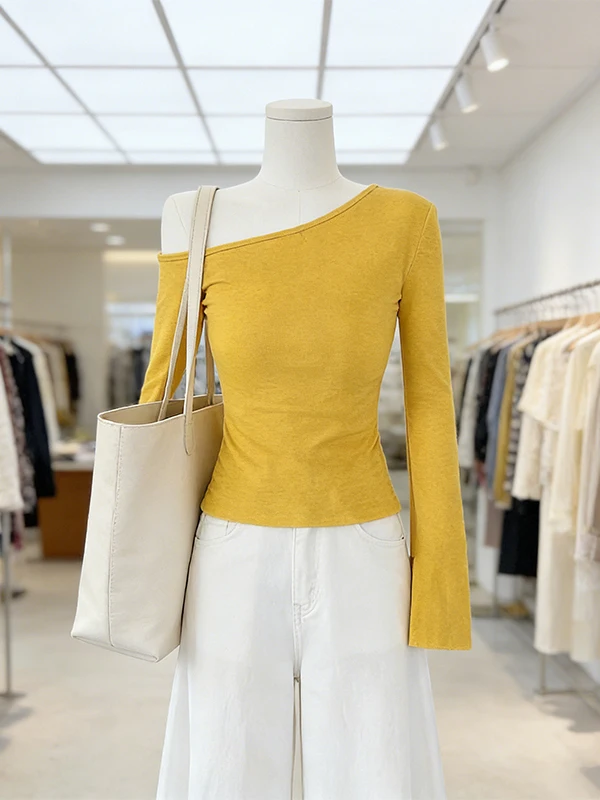 

Large Size Fashionable Shoulder Bared Side Collar Yellow Top Wide Leg Casual Pants Two Piece Set Trendy High Waist Long Sleev...