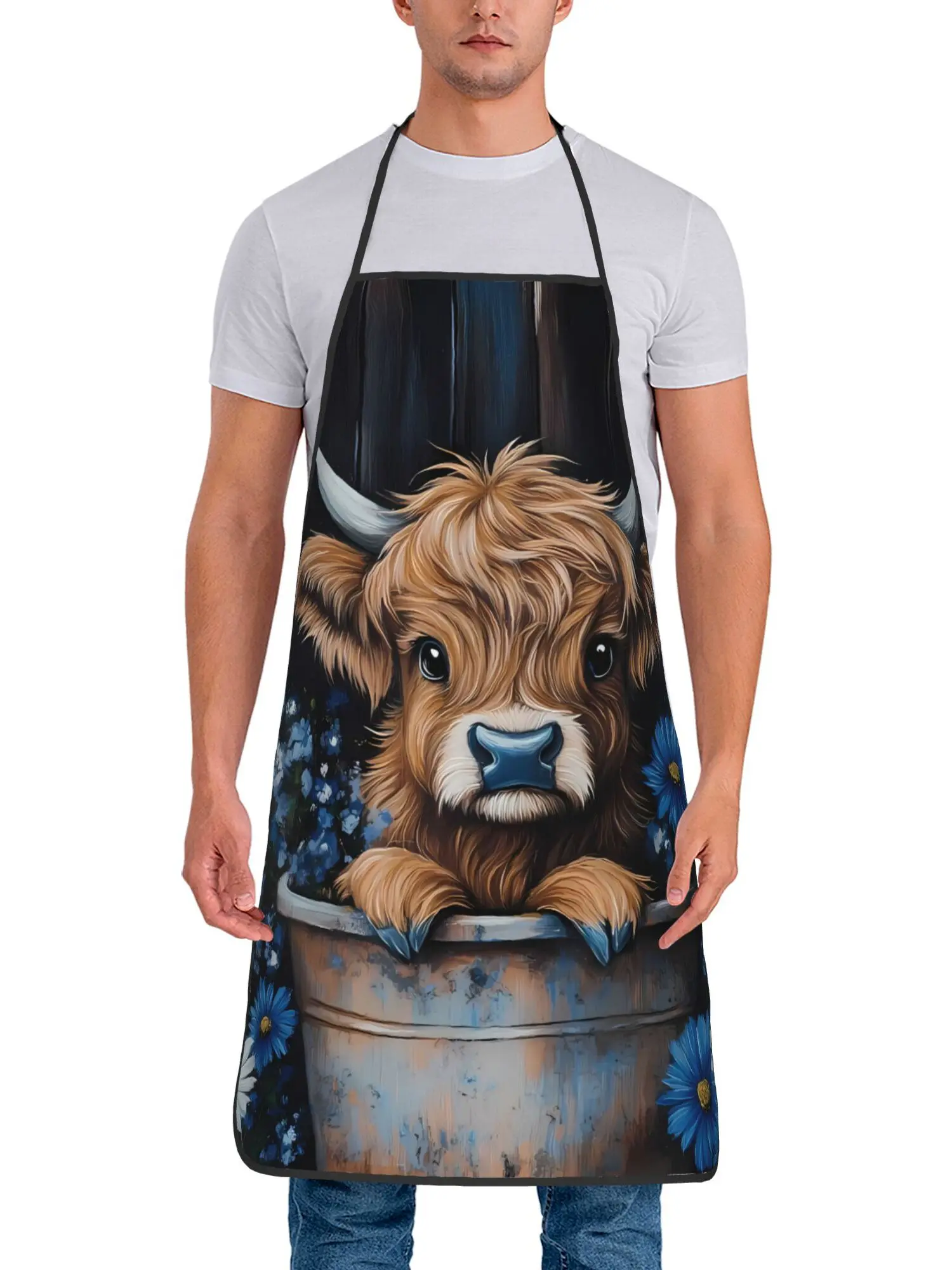 Delantal de Cocina con Diseño de Ternero de las Tierras Altas, Lindo Delantal de Animales de Granja para Cocinar y Hornear, Regalo para Mujeres Amantes de la Naturaleza, Diseño Realista