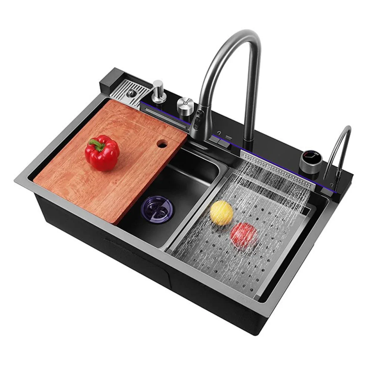 Multifunctional Digital Display Smart Sink Pull-Out Faucet Stainless Steel Waterfall Kitchen Sink