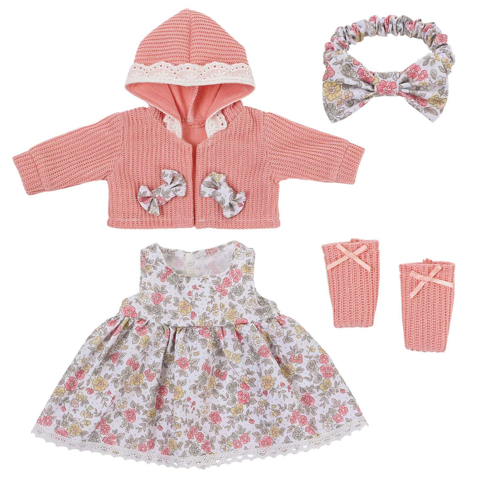 Cute Doll Clothes for 16-18 Inch Baby Doll Knitted Cardigan Floral Dress Set with Headband Socks for 40-45cm Baby Dolls Girls Gi view 3