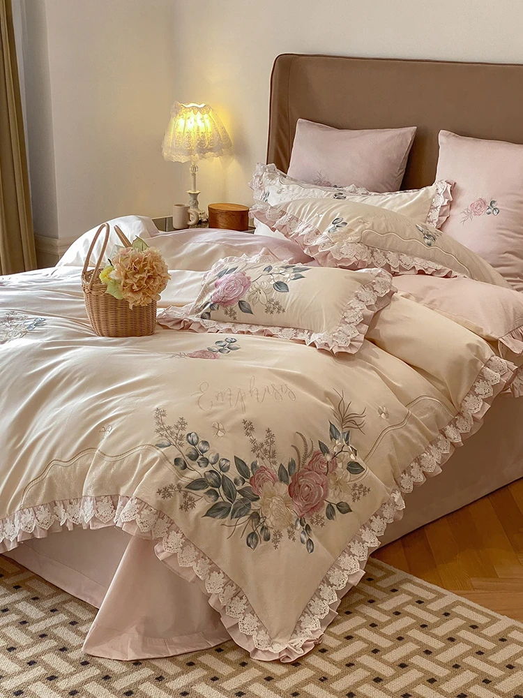 Four-Piece Retro Pure Cotton Satin Plant Flower Embroidery  Exquisite Lace Patchwork Ruffled Quilt Cover Bedding Spring  Autumn