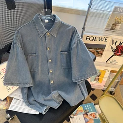 Japanese Style Denim Short Sleeve Shirt for Women Oversized Loose Versatile Jackets Laple Cardigan Coats Couple Clothes