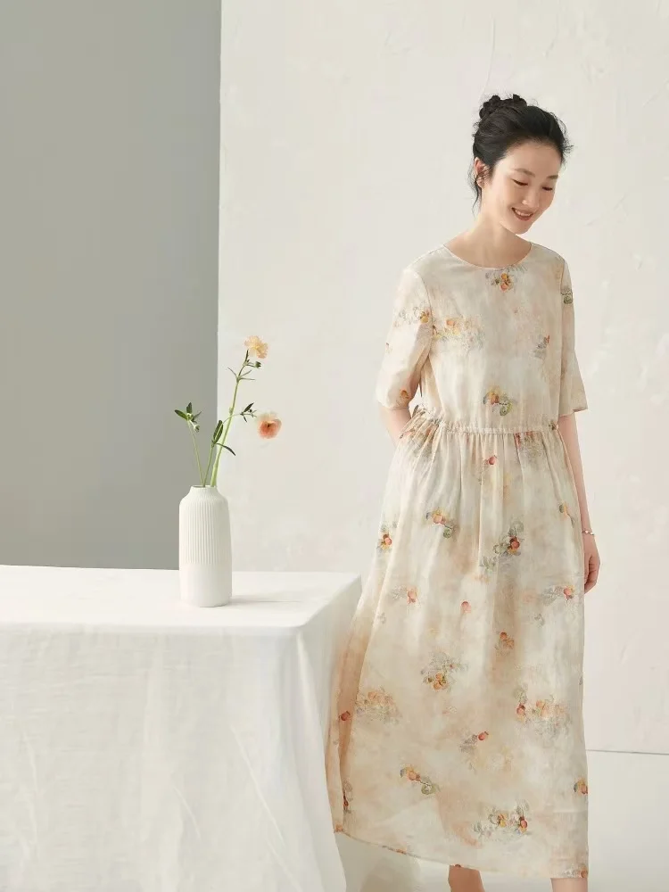 새로운 여성 코튼 린넨 꽃 드레스 얇은 여름 라운드 넥 짧은 소매 높은 허리 인쇄 캐주얼 드레스 N812