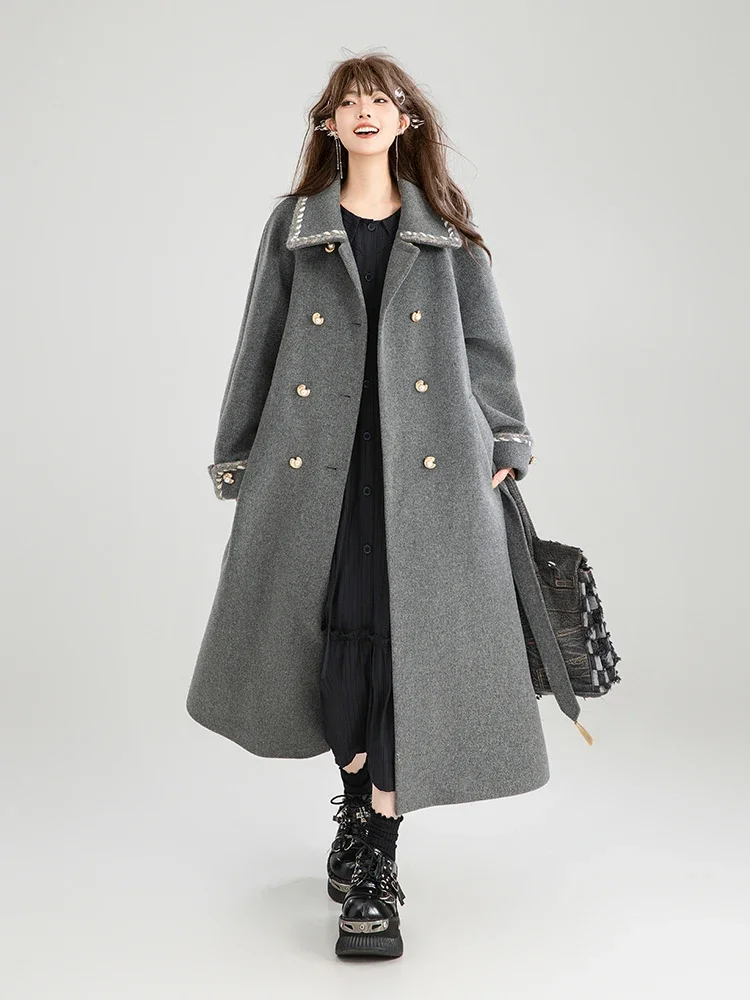 Lazy Casual Sweet Cool Lace-up Gray Woolen Coat Lapel Bow Double Breasted Loose Versatile A-line Long Wool Jackets Women Winter