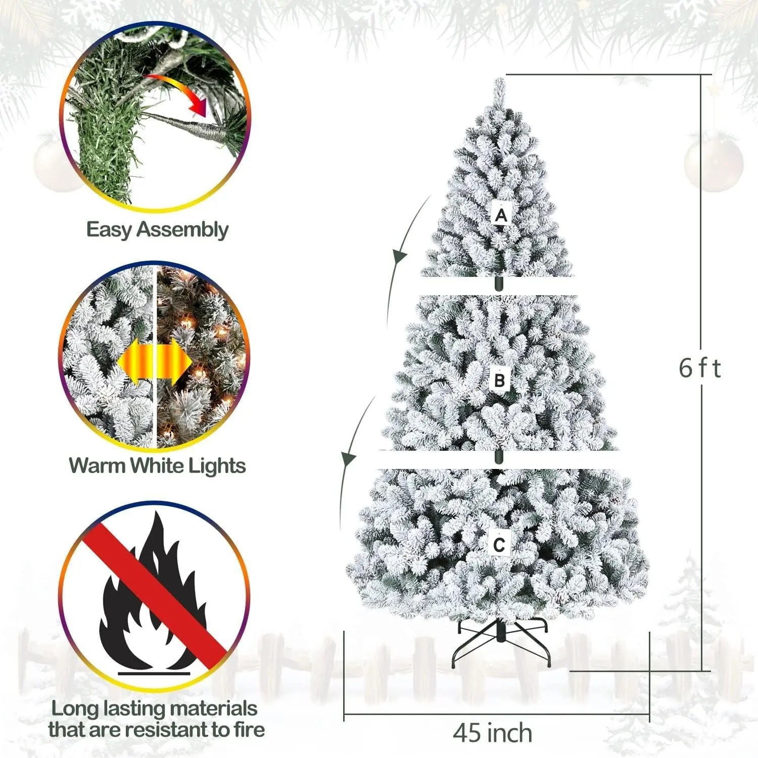 Pohon Natal salju menggumpal 6.5 kaki, pohon Natal buatan dengan runjung pinus, 250 lampu putih hangat, ujung 1032, dudukan logam