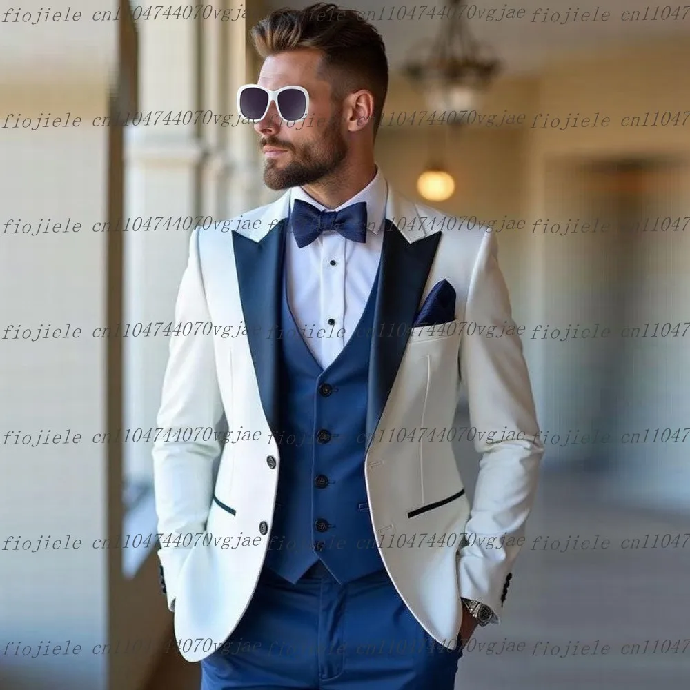 

White Dark Blue Men Suit Formal Wedding Party Groom Groomsman Business Male Tuxedos Customized 3 Piece Set Jacket Vest Pants