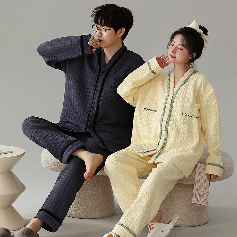 Newest Winter Couple Pyjamas Suit Thick Warm Air Clip Cotton Pajamas Set Men Women Pijamas