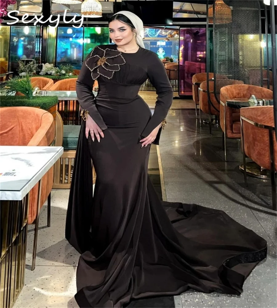 Amazing Muslim Evening Dresses With Train Elegant Long Sleeve Mermaid Prom Dress Beaded Flowers Saudi Arabic Formal Customized