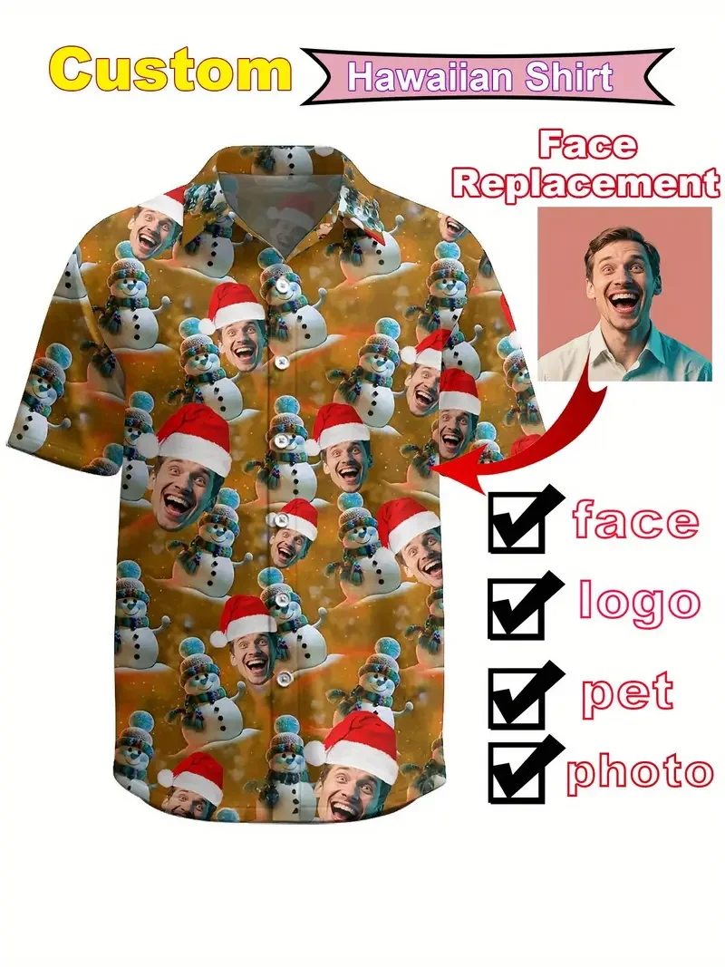 Full Print Custom Photo Beach Shirts For Men Christmas Pattern Short Sleeve Button Hawaiian Shirts Clohtes Men's Aloha Shirt