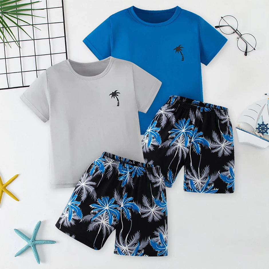 2/4 Kinder Sommer Freizeit Sport Bedrucktes Kurzarm-Shorts-Set, Jungen und Mädchen Urlaubsstil Modisches T-Shirt und Hose – Detail 2