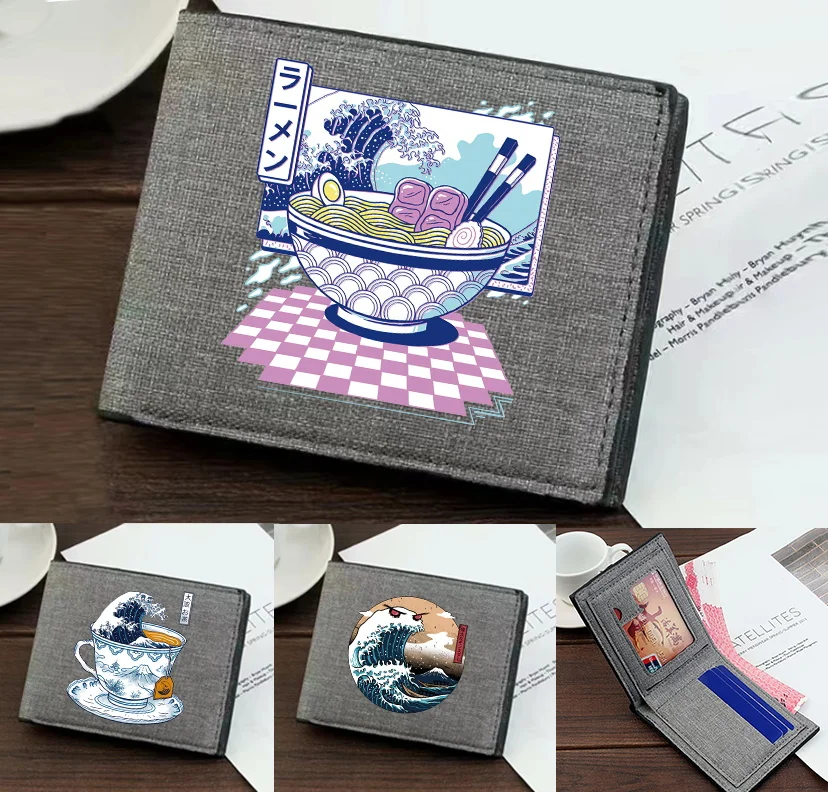Fashion Men's Purse Coin Pouch Id Card Holder Short Canvas Card Holder Wallet Foldable High-quality Wave Printing Series