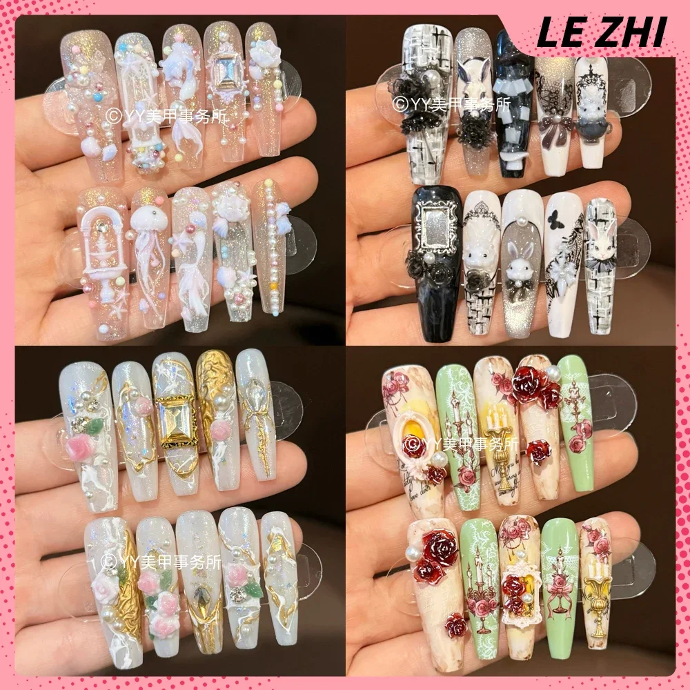

Chinese Style Long Coffin Press On Nails Art Bamboo Peony Flowers Birds Calligraphy Hand-Drawn Chinese Pattern Design False Nail