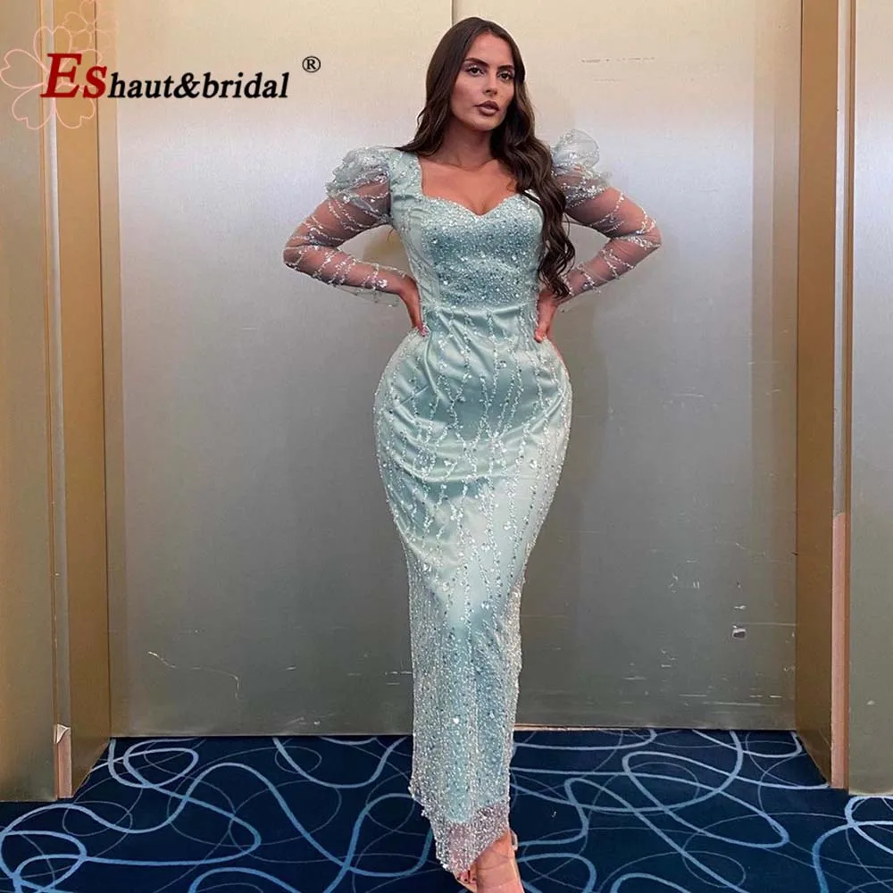 Elegant Mermaid Beads Midi Evening Dress for Women 2023 Long Sleeves Sweetheart Ankle Length Formal Prom Wedding Party Gowns