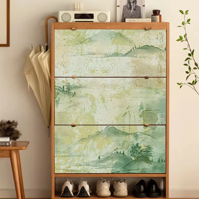 Green Landscape Calligraphy Furniture Sticker Chinese Vintage Vinyl Wallpaper Self-Adhesive Removable Cabinet Door Decor Mural