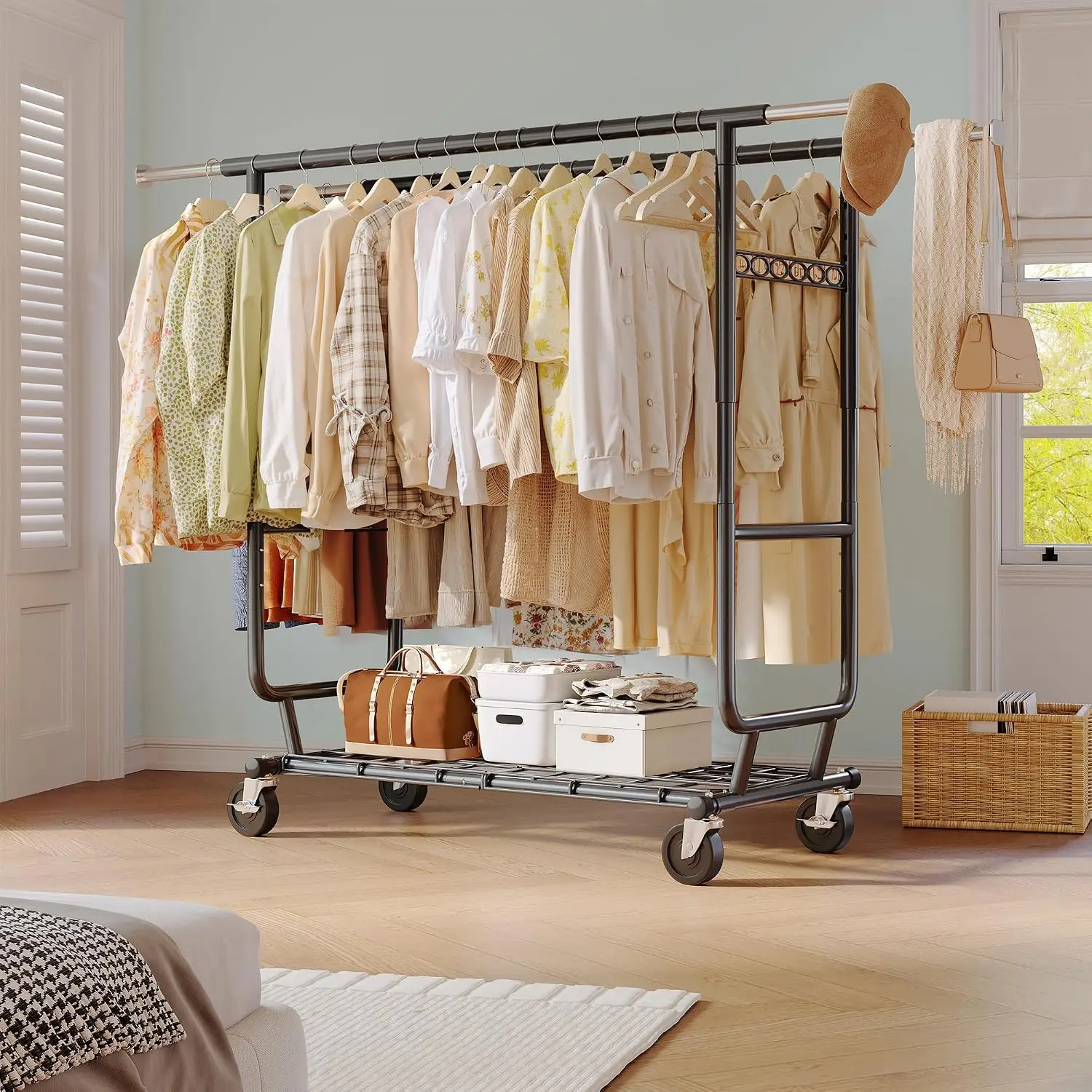 Heavy Duty Collapsible Double Rod Garment Rack 650LBS Storage Shelves, Customized
