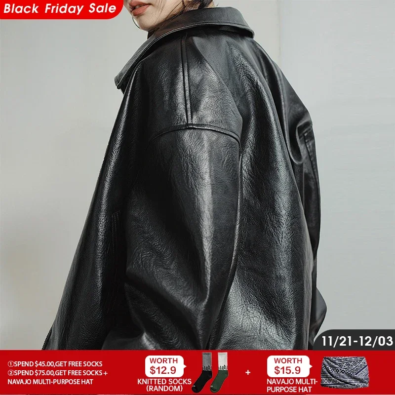 Maden Women's Retro Black Leather Jacket Short Motorcycle Style Jackets with Metal Buttons Versatile Autumn and Spring Outerwear