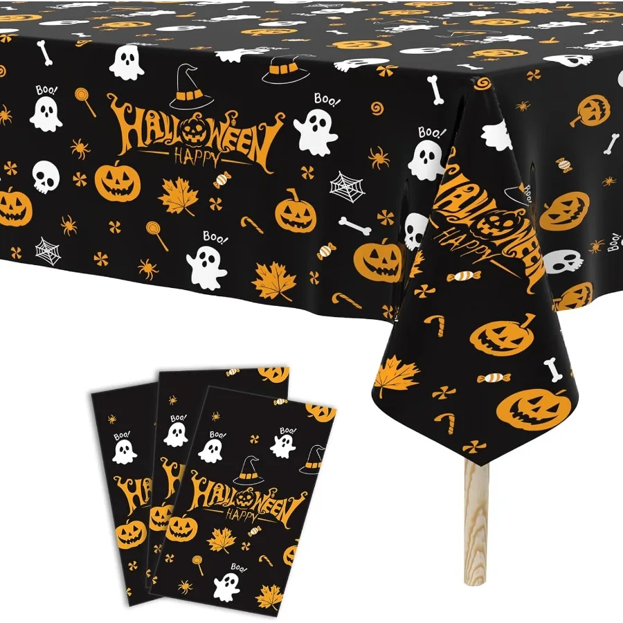

Одноразовая прямоугольная пластиковая скатерть на Хэллоуин, 3 упаковки, черные милые чехлы для столов с тыквой и призраками для украшения вечеринок, поставка