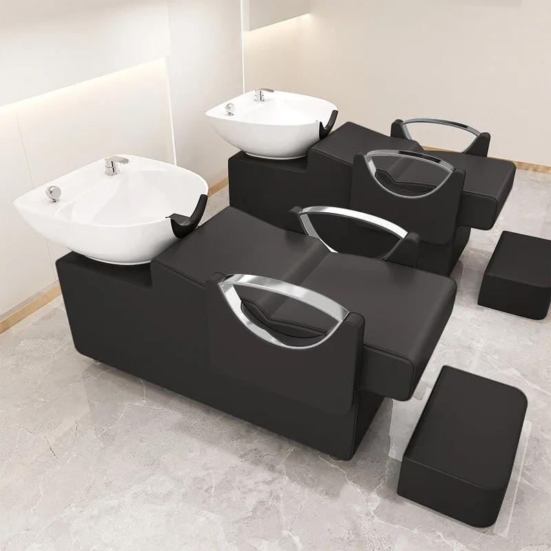 Barber Shop High-end Semi Reclining Stainless Steel Shampoo Bed, Hair Salon Flushing Bed, Hair Salon Ceramic Deep Basin