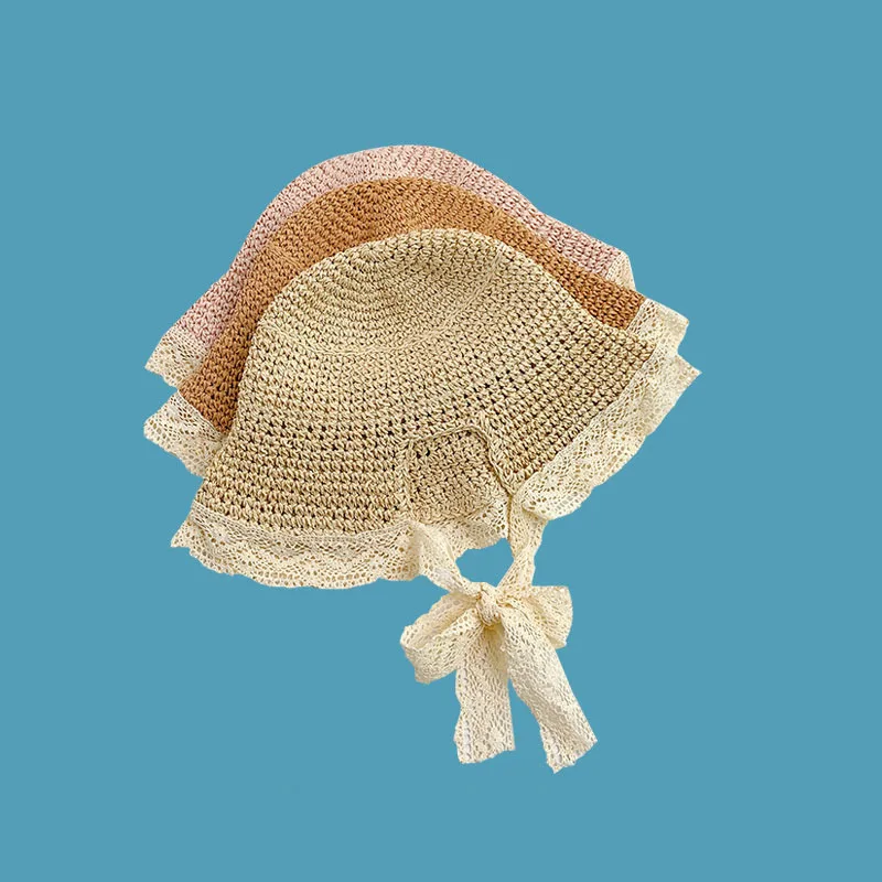 Japanese Lace Strap Can Tie Horse Tail Straw Hat Women's Summer Beach Vacation Hat Travel Sunshade Hat Fisherman Hat