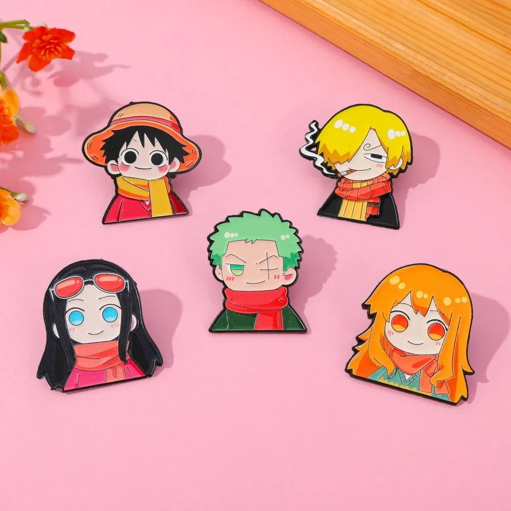

5Pcs Anime One Piece Enamel Pins Winter Version Luffy Zoro Nami Robin Sanji Cartoon Characters Brooch Lapel Badge Jewelry Gift