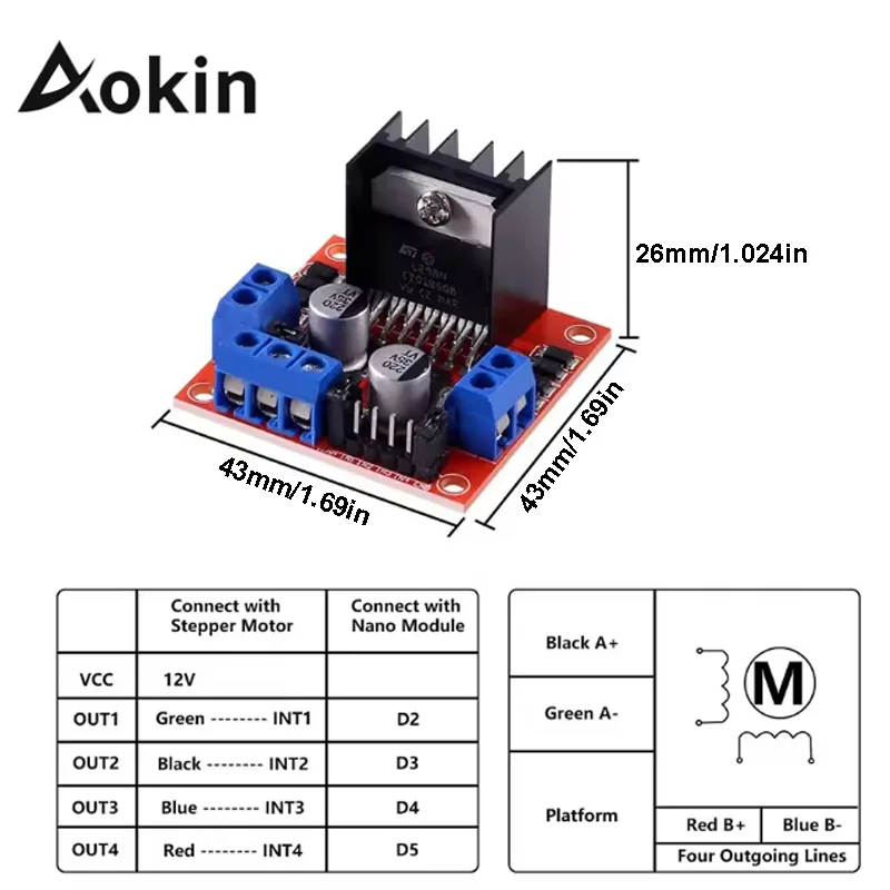 Aokin L298N Motor Drive Controller Board DC Dual H-Bridge Robot Stepper Motor Control and Drives Module for Arduino image 6
