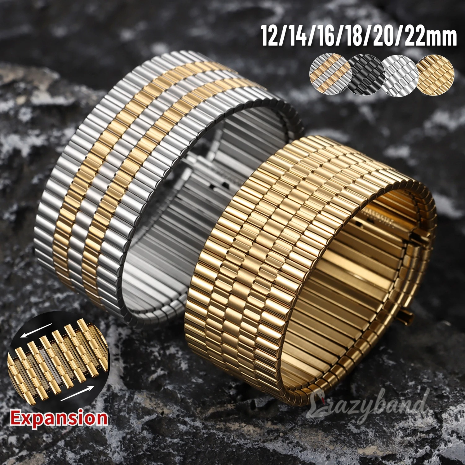 12/14mm Stretch Expansion Stainless Steel WatchBand 16mm18mm20mm22mm Universal Metal Elastic Belt Men Women Matte Strap Bracelet
