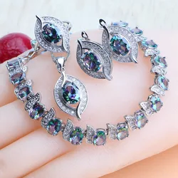 Natural Magic Rainbow Zirconia Jewelry Sets 925 Silver Wedding For Women Rings Pendant Necklace Earrings Bracelets Bridal Set