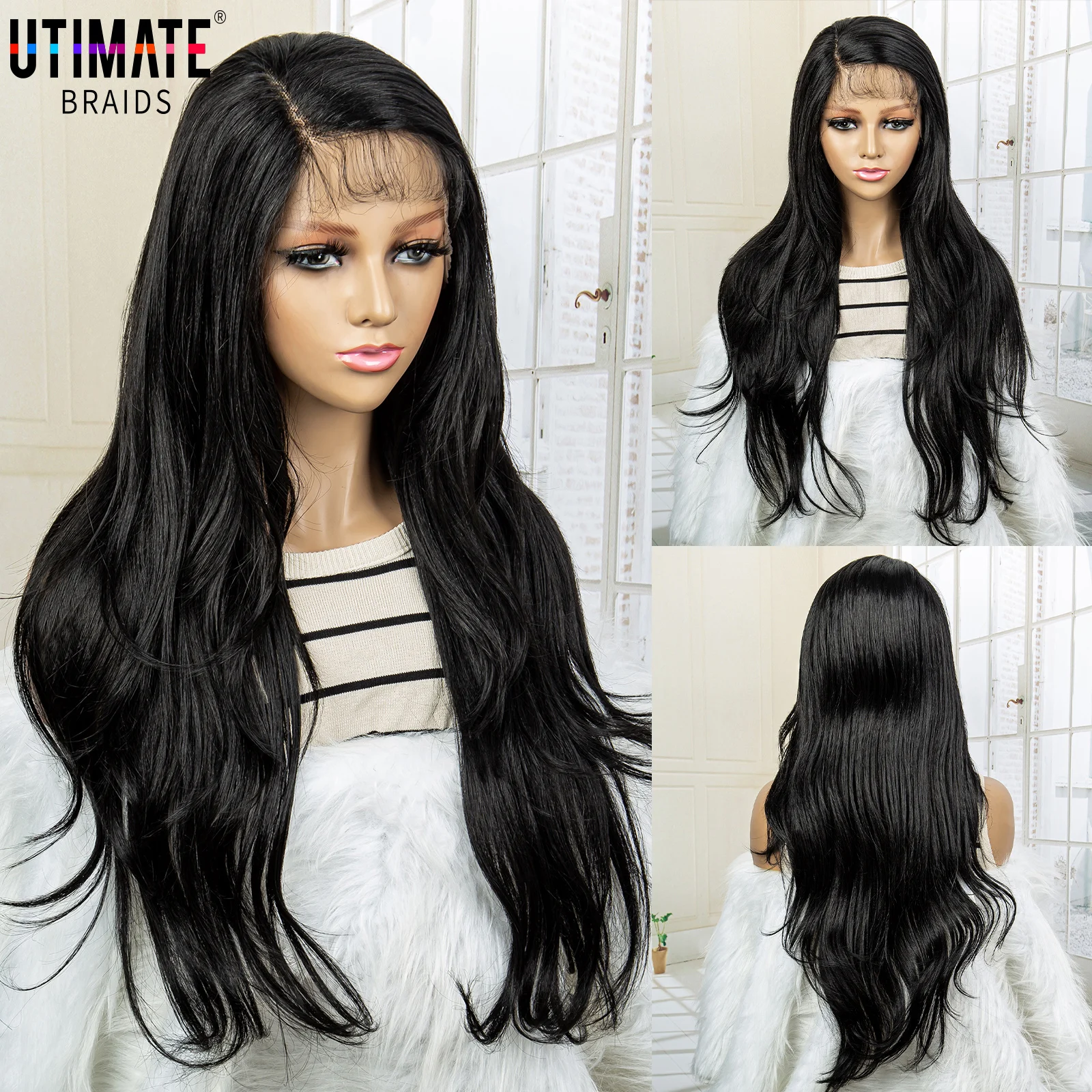 Natural Black Synthetic Wig with Baby Hair Side Part Natural Wave Wig for Women 30 Inch Synthetic Wig Lace Front Wig