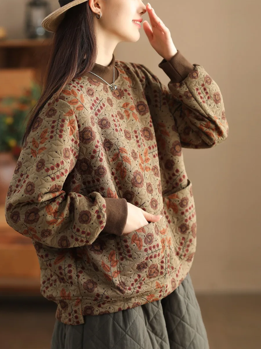 Vintage Print Cotton Linen Women Sweatshirt Fashion Patchwork Thicken Loose Pockets Literary Elegant Simple Cozy Female Pullover