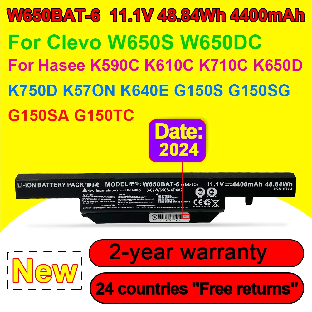 W650BAT-6 For Hasee K590C K610C K710C K570N K650D K750D K640E K680E for CLEVO W650S W650DC Laptop Battery 11.1V 4400mAh 48.84Wh