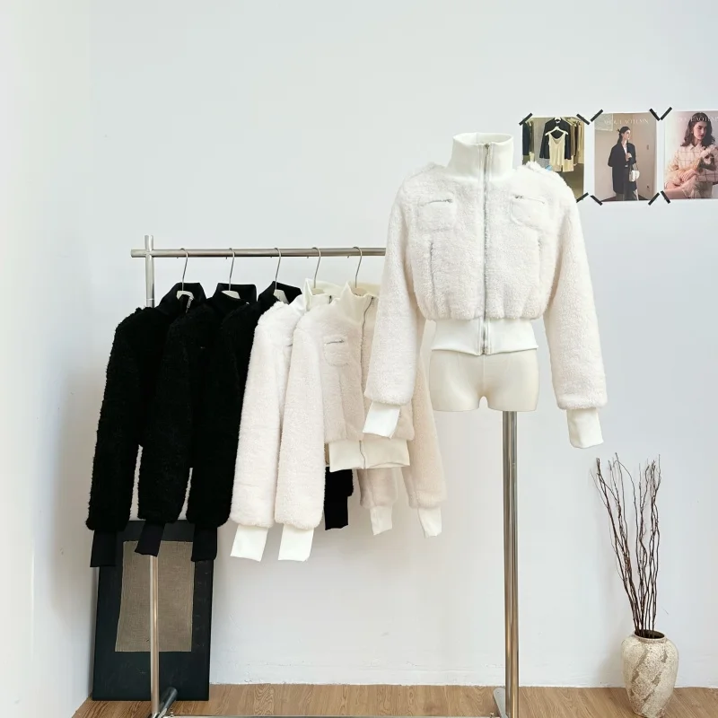 Women's Autumn Winter Stand Collar Faux Wool Long Sleeve Thick Warm Jacket Lady Streetwear Zip Up Fluffy Quilted Short Outwear
